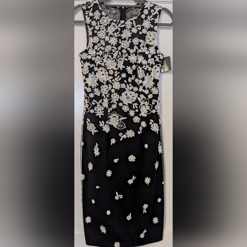 White House Black Market Black Dress with White Floral Embroidery
